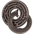 The Cast Labyrinth puzzle by Hanayama features a circular, labyrinthine design made of metal. It includes two interlocking pieces, one shaped like a winding path and emblazoned with the letters 'LABY'. The intricate maze pattern invites users to solve the challenge of separating the pieces, making it an engaging mechanical puzzle for enthusiasts and casual players alike.
