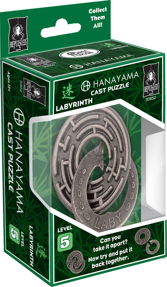 The Hanayama Cast Labyrinth is a challenging mechanical puzzle featuring a complex maze design. Made of durable metal, the puzzle comes neatly packaged with instructions indicating its difficulty level of 5. Its unique design requires critical thinking and skill to disassemble and then reassemble. Perfect for puzzle enthusiasts and collectors.