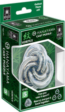 The Cast Vortex puzzle from Hanayama features a complex, intertwined design made of shiny metal. Packaged in a vibrant green box, the puzzle is categorized as level 5, indicating its challenging nature. The box showcases the puzzle's unique shape and encourages users to attempt to take it apart and then reassemble it. A stylish and stimulating mechanical puzzle ideal for avid puzzlers and gift givers.