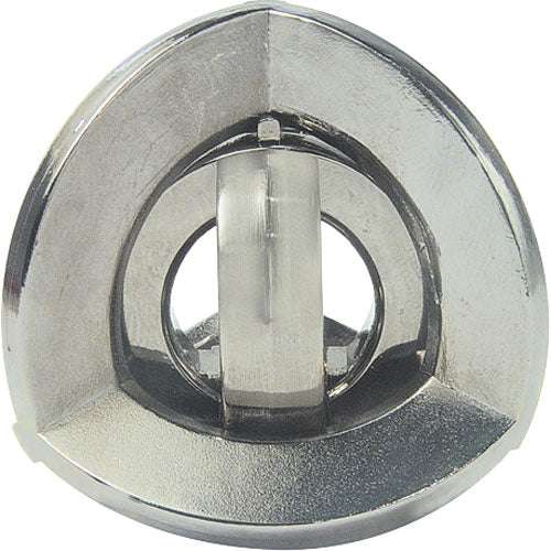 The Cast Equa by Hanayama is a sleek, metallic mechanical puzzle featuring a unique, triangular design. The shiny surface reflects light beautifully, showcasing its intricate features. A transparent loop is centered within the geometry, hinting at the puzzle's complexity and engaging mechanics, ideal for puzzle enthusiasts seeking a challenge.