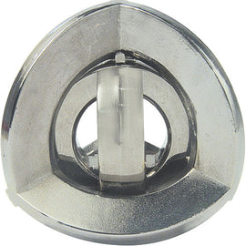 The Cast Equa by Hanayama is a sleek, metallic mechanical puzzle featuring a unique, triangular design. The shiny surface reflects light beautifully, showcasing its intricate features. A transparent loop is centered within the geometry, hinting at the puzzle's complexity and engaging mechanics, ideal for puzzle enthusiasts seeking a challenge.