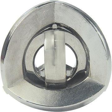 The Cast Equa by Hanayama is a sleek, metallic mechanical puzzle featuring a unique, triangular design. The shiny surface reflects light beautifully, showcasing its intricate features. A transparent loop is centered within the geometry, hinting at the puzzle's complexity and engaging mechanics, ideal for puzzle enthusiasts seeking a challenge.