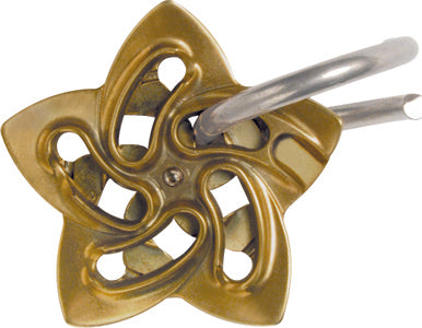 The Cast Helix mechanical puzzle from Hanayama features an intricately designed star-shaped bronze body with elegant curves and a slender metal ring. This challenging puzzle invites problem solvers to navigate through its unique interlocking mechanisms for an engaging mental workout.