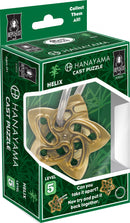 The Hanayama Cast Helix puzzle is a challenging mechanical puzzle featuring a decorative bronze piece shaped like a helix. The packaging highlights its complexity with a level 5 rating, promoting engaging problem-solving and hands-on fun for puzzle enthusiasts. It showcases detailed imagery of the intricate design, perfect for collectors and those seeking an exciting challenge. The green-themed packaging emphasizes its playful yet sophisticated nature.