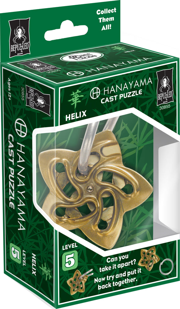 The Hanayama Cast Helix puzzle is a challenging mechanical puzzle featuring a decorative bronze piece shaped like a helix. The packaging highlights its complexity with a level 5 rating, promoting engaging problem-solving and hands-on fun for puzzle enthusiasts. It showcases detailed imagery of the intricate design, perfect for collectors and those seeking an exciting challenge. The green-themed packaging emphasizes its playful yet sophisticated nature.