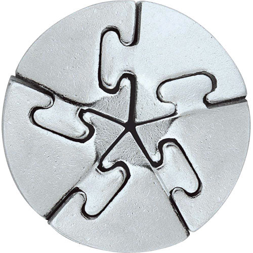 A silver mechanical puzzle named Cast Spiral, featuring a circular design with intricate interlocking sections. The puzzle showcases a series of cut-outs and grooves that form a star shape at its center, inviting users to twist and manipulate the individual pieces to find the solution. Ideal for puzzle enthusiasts seeking a metallic challenge.