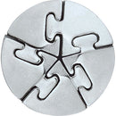 A silver mechanical puzzle named Cast Spiral, featuring a circular design with intricate interlocking sections. The puzzle showcases a series of cut-outs and grooves that form a star shape at its center, inviting users to twist and manipulate the individual pieces to find the solution. Ideal for puzzle enthusiasts seeking a metallic challenge.