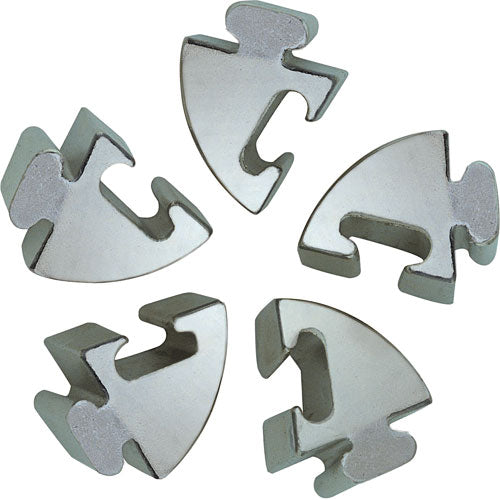 The Cast Spiral by Hanayama consists of five interlocking metal pieces designed in a mechanical puzzle style. Each piece features unique shapes with varying cutouts, crafted from shiny, durable metal for an engaging puzzle-solving experience. Ideal for enhancing spatial reasoning and providing hours of entertainment.