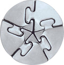 The Cast Spiral puzzle by Hanayama, a metallic mechanical puzzle featuring interlocking spiral-shaped pieces. Its sleek silver finish highlights its intricate design, inviting users to explore its complexity and challenge their problem-solving skills.