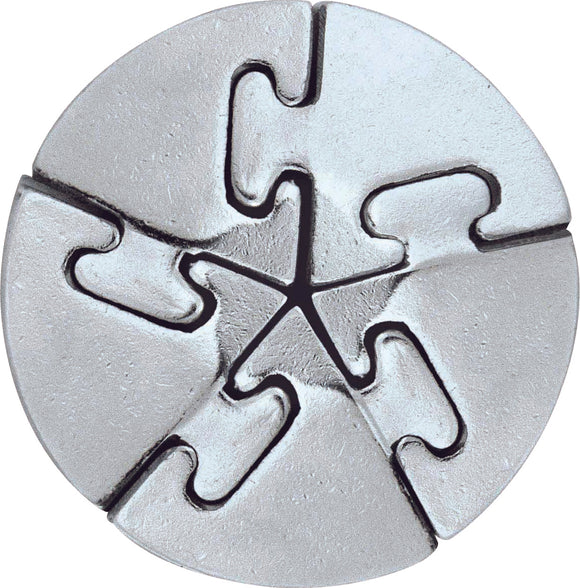 The Cast Spiral puzzle by Hanayama, a metallic mechanical puzzle featuring interlocking spiral-shaped pieces. Its sleek silver finish highlights its intricate design, inviting users to explore its complexity and challenge their problem-solving skills.