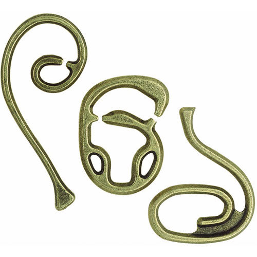 The Cast Enigma by Hanayama features a unique mechanical puzzle design comprised of three intricately shaped metal pieces in a gold bronze finish. The pieces are intertwined in a complex arrangement, showcasing swirling and curvy motifs, inviting players to disengage and reassemble them for a challenging experience.