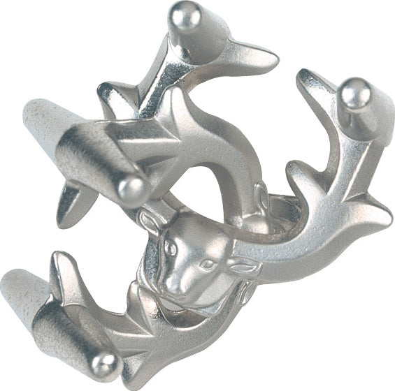 The Hanayama Cast Elk is a unique mechanical puzzle featuring a beautifully crafted elk with antlers, designed to challenge your problem-solving skills. The intricate details and shiny metallic finish give it a sophisticated appearance, making it a great decorative piece as well as a fun puzzle to solve.