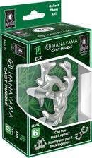 The Hanayama Cast Elk mechanical puzzle features a detailed silver elk design. The packaging showcases the puzzle and the level of difficulty, level 6. It invites users to challenge themselves to take it apart and reassemble it, all set against a vibrant green background.