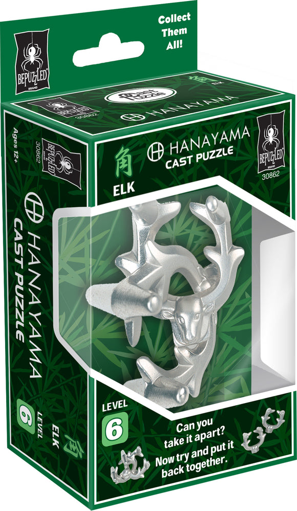 The Hanayama Cast Elk mechanical puzzle features a detailed silver elk design. The packaging showcases the puzzle and the level of difficulty, level 6. It invites users to challenge themselves to take it apart and reassemble it, all set against a vibrant green background.
