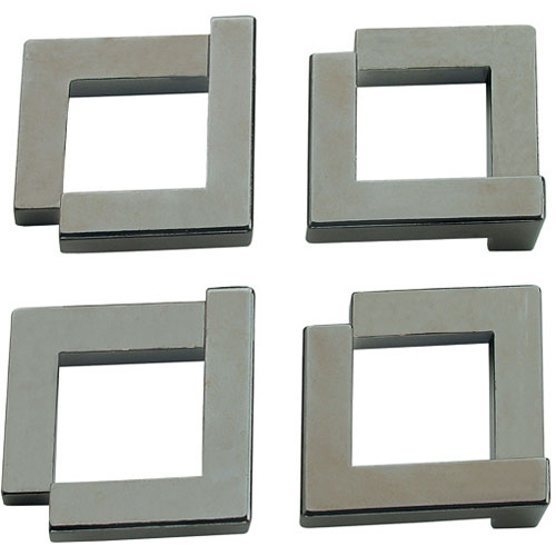 Hanayama Cast Quartet mechanical puzzle featuring four interconnected square pieces made of high-quality metal, designed to challenge and engage puzzle enthusiasts. Perfect for improving critical thinking and problem-solving skills.