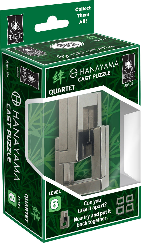 The Hanayama Cast Quartet is a challenging mechanical puzzle designed to test your problem-solving skills. Featuring intricate metallic pieces that interlock, this puzzle has a difficulty level of 6 and comes in an eye-catching green and black packaging. The puzzle encourages players to figure out how to disassemble and reassemble the pieces, providing hours of engaging fun for puzzle enthusiasts aged 12 and up.
