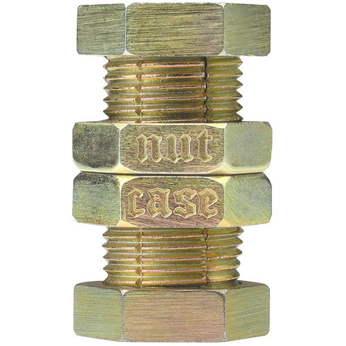 The Cast Nutcase by Hanayama is a unique mechanical puzzle consisting of interlocking metallic components shaped like nuts and bolts. The puzzle features engraved text on its surface, enhancing its intricate design. It offers a challenging and engaging experience, perfect for puzzle enthusiasts.