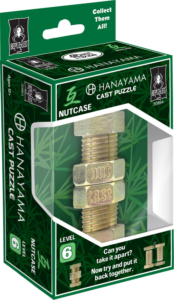 The Hanayama Cast Nutcase, a mechanical puzzle, showcases an intricate design resembling a metal nut and bolt. The puzzle is presented in a colorful box featuring a spider logo, indicating its Bepuzzled brand. It is designed for ages 12 and up, with a difficulty level of 6. Instructions are included on the box, challenging users to take it apart and then reassemble it.