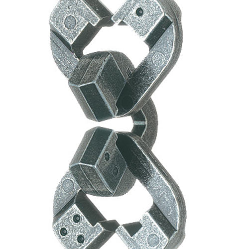 A detailed view of the Hanayama Cast Chain mechanical puzzle. The puzzle features interconnecting chain links made of durable metal, highlighting geometric shapes and unique designs. Ideal for puzzle enthusiasts and those seeking a challenging brain teaser, this puzzle encourages spatial reasoning and problem-solving skills.
