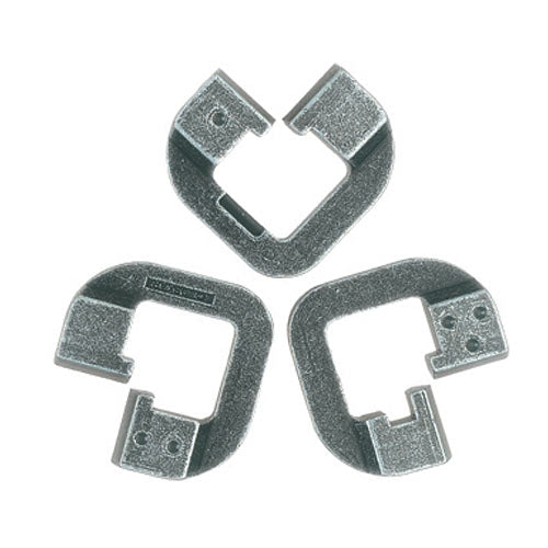 The Hanayama Cast Chain is a mechanical puzzle featuring three interlocking pieces designed in a unique chain shape. Each piece has a metallic finish, showcasing intricate details and smooth curves that reflect light. The puzzle challenges users to separate and reassemble the pieces, making it an engaging brain teaser for puzzle enthusiasts.