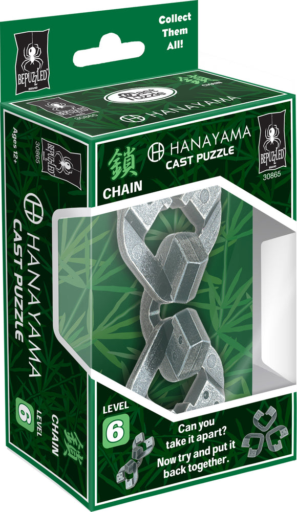 A box displaying the Hanayama Cast Chain mechanical puzzle. The packaging features a silver chain puzzle partially visible through a transparent window. The box is decorated with green bamboo graphics and includes the brand logo and a label indicating it's a level 6 puzzle, challenging users to take it apart and reassemble it.