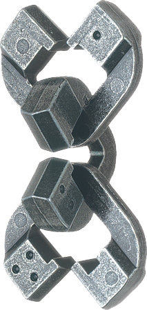 The Cast Chain by Hanayama is an intricate mechanical puzzle featuring interlocking metal pieces designed to challenge the mind. It has a sleek, silver finish with geometric shapes that create a visually appealing yet complex structure. The puzzle invites users to experiment with its movement and find the solution, making it perfect for puzzle enthusiasts.