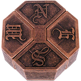 The Cast News mechanical puzzle by Hanayama features an intricate, octagonal design with engraved letters on each side. The polished metal finish and complex structure invite puzzlers to engage in a brain-teasing challenge, perfect for enhancing critical thinking and problem-solving skills. Ideal for enthusiasts of mechanical puzzles and gifts for puzzle lovers.