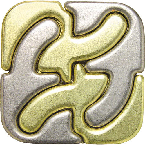 The Hanayama Cast Square puzzle features a unique interlocking design made of metal with shiny gold and silver finishes. This mechanical puzzle challenges users to separate its pieces and is perfect for puzzle enthusiasts seeking an engaging and stimulating challenge.