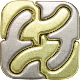 The Hanayama Cast Square puzzle features a unique interlocking design made of metal with shiny gold and silver finishes. This mechanical puzzle challenges users to separate its pieces and is perfect for puzzle enthusiasts seeking an engaging and stimulating challenge.