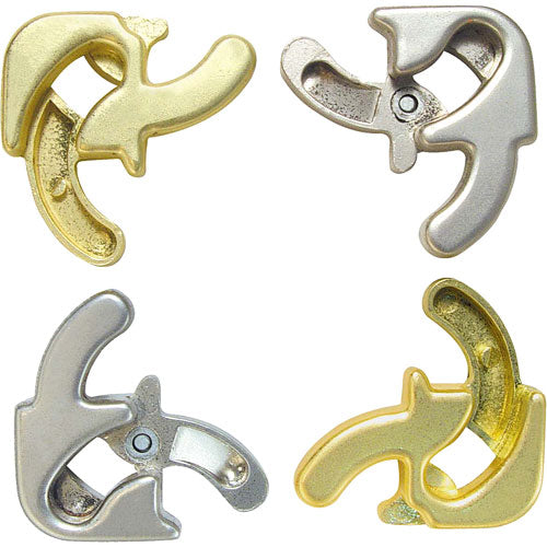 A close-up image of the Hanayama Cast Square mechanical puzzle, featuring interlocking metal pieces in gold and silver finishes. The puzzle consists of smooth, curved shapes designed to engage the user in problem-solving as they attempt to separate and reassemble the pieces, showcasing intricate craftsmanship and a modern aesthetic.