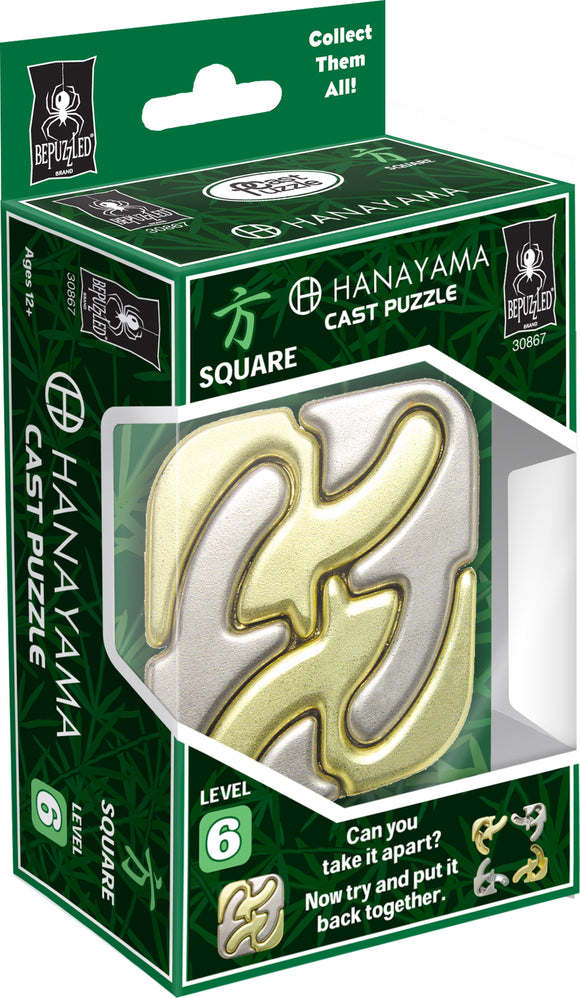 The Hanayama Cast Square puzzle is a level 6 mechanical challenge featuring an intricate design. The metallic puzzle has curves and angles that entice users to figure out how to disassemble and reassemble it, providing hours of brain-teasing fun.