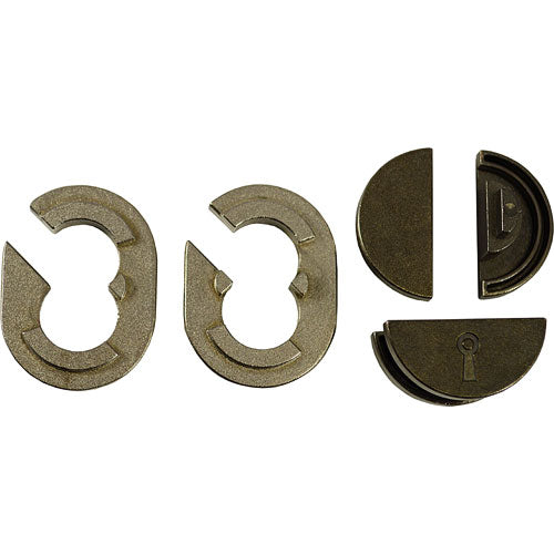 The Hanayama Cast Padlock is a mechanical puzzle featuring intricate metal pieces designed to challenge and engage users. The puzzle consists of two interlocking shapes, each crafted with precision, showcasing the unique locking mechanism that requires logical thinking and problem-solving skills to disassemble and reassemble.