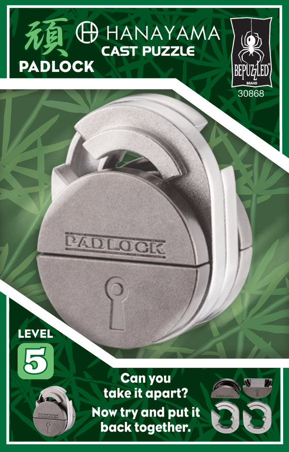 Hanayama Cast Padlock mechanical puzzle featuring a silver padlock design. The puzzle challenges users to disassemble and reassemble the intricate pieces. Ideal for puzzle enthusiasts seeking a stimulating brain teaser. The product packaging indicates it's a Level 5 difficulty.