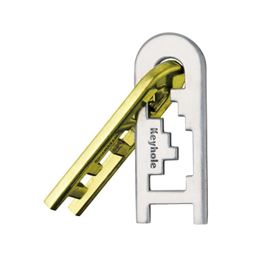 Hanayama Cast Keyhole mechanical puzzle featuring two interlocking metal pieces in a sleek design. The left piece is gold and the right is silver, both displaying intricate cutouts resembling a keyhole. Ideal for puzzle enthusiasts seeking a challenging and engaging hands-on experience.