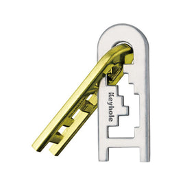 Hanayama Cast Keyhole mechanical puzzle featuring two interlocking metal pieces in a sleek design. The left piece is gold and the right is silver, both displaying intricate cutouts resembling a keyhole. Ideal for puzzle enthusiasts seeking a challenging and engaging hands-on experience.