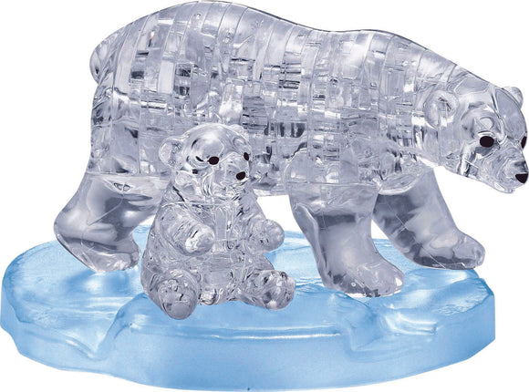 A beautifully crafted 3D crystal jigsaw puzzle featuring a polar bear and its cub, both made of clear crystal. They are perched on a blue ice-like base, showcasing intricate detailing and craftsmanship that brings the figures to life.
