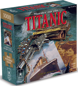 Murder on the Titanic jigsaw puzzle box featuring a detailed illustration of a revolver, a backdrop of the Titanic ship, and vintage photographs of two women. The box highlights the puzzle as a 1000-piece mystery that encourages players to read, assemble, and solve. Designed for ages 15 and up, this engaging puzzle brings a historical twist to a classic pastime.