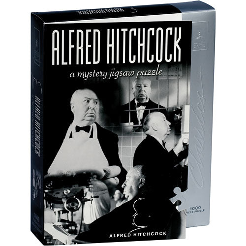 Alfred Hitchcock Mystery Jigsaw Puzzle box featuring iconic images of Alfred Hitchcock and scenes from his films. The puzzle contains 1000 pieces, perfect for fans of mystery and classic cinema.