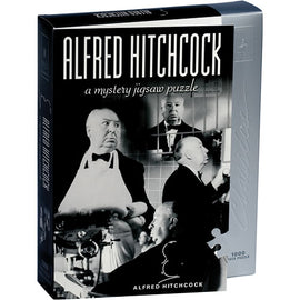 Alfred Hitchcock Mystery Jigsaw Puzzle box featuring iconic images of Alfred Hitchcock and scenes from his films. The puzzle contains 1000 pieces, perfect for fans of mystery and classic cinema.
