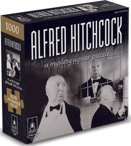 Alfred Hitchcock Mystery Jigsaw Puzzle box by University Games. The box showcases a vintage black and white image of Alfred Hitchcock with two other characters, emphasizing the puzzle's intrigue with the words 'Read Assemble Solve'. This 1000-piece puzzle promises an engaging and mysterious assembling experience for fans of Hitchcock and puzzle enthusiasts alike.