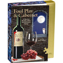 A visually engaging jigsaw puzzle titled 'Foul Play & Cabernet' by University Games. The box features a rich illustration of a wine bottle, a glass of red wine filled, and a cluster of grapes, set against a mysterious night sky with an owl and a full moon. It is a 1000-piece puzzle that promises a thrilling mystery experience.