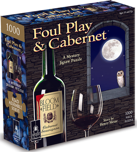 Foul Play & Cabernet jigsaw puzzle box by University Games featuring a mystery theme. The artwork includes a bottle of Cabernet Sauvignon wine, a glass filled with wine, and an illustration of an owl under a moonlit sky. The puzzle has 1000 pieces and is designed for ages 15 and up, inviting players to read the story, assemble the pieces, and solve the mystery.