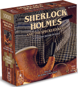Sherlock Holmes and the Speckled Band jigsaw puzzle box by University Games features a classic illustration of Sherlock Holmes's pipe and hat. The packaging shows '1000 pieces' and highlights the puzzle as a mystery challenge for ages 15 and up.