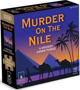 The Murder by the Pyramids jigsaw puzzle box features a vibrant sunset background with silhouettes of palm trees and camels in front of pyramids. The title is prominently displayed in bold yellow lettering, indicating it’s a mystery-themed puzzle with 1000 pieces. Additional text suggests to read, assemble, and solve.