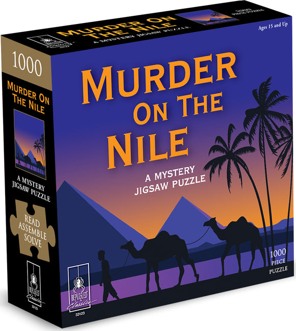 The Murder by the Pyramids jigsaw puzzle box features a vibrant sunset background with silhouettes of palm trees and camels in front of pyramids. The title is prominently displayed in bold yellow lettering, indicating it’s a mystery-themed puzzle with 1000 pieces. Additional text suggests to read, assemble, and solve.
