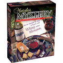 A Taste for Wine and Murder game by University Games. The box features a murder mystery theme with a wine glass, a plate of food, and a decorative table setting. Ideal for dinner parties with 6 to 8 players, the game invites participants to solve a thrilling mystery while enjoying a feast.