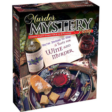 A Taste for Wine and Murder game by University Games. The box features a murder mystery theme with a wine glass, a plate of food, and a decorative table setting. Ideal for dinner parties with 6 to 8 players, the game invites participants to solve a thrilling mystery while enjoying a feast.