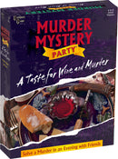 Box of the murder mystery game 'A Taste for Wine and Murder' by University Games. The box features a vibrant design with the title prominently displayed, along with imagery of a plate with food, wine accessories, and grapes. It is designed for 6 to 8 adult players and promises an engaging evening of mystery-solving.