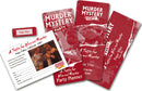 A Taste for Wine and Murder game by University Games, featuring multiple components including a character booklet, invitations, a clue card, and a themed party planner. The design incorporates wine glasses, a rich red color scheme, and a vintage aesthetic, inviting players to engage in a murder mystery themed around a Napa Valley wine festival.