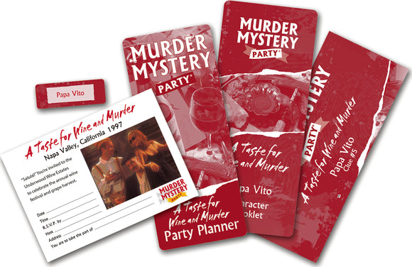 A Taste for Wine and Murder game by University Games, featuring multiple components including a character booklet, invitations, a clue card, and a themed party planner. The design incorporates wine glasses, a rich red color scheme, and a vintage aesthetic, inviting players to engage in a murder mystery themed around a Napa Valley wine festival.